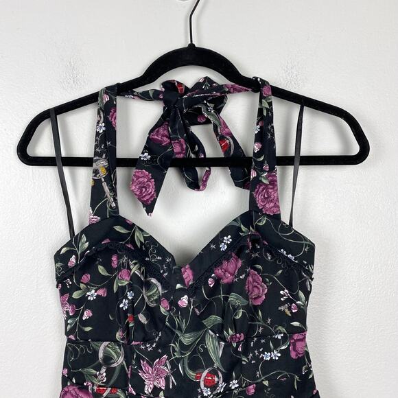 Hot Topic Floral Insect Swing Dress Black Halter Sweetheart Whisygoth Small - Picture 4 of 13